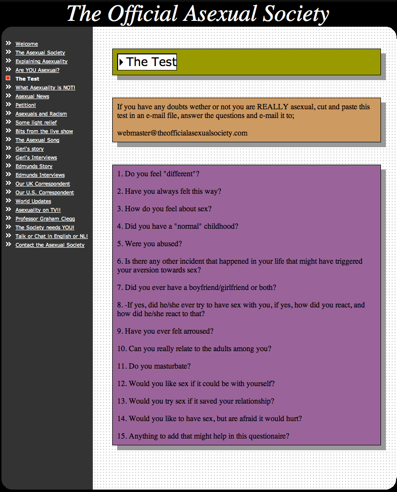 Screenshot of an early 2000s website, The Official Asexual Society, page 'The Test': 'If you have any doubts wether or you you are REALLY asexual, cut and paste this test into an e-mail file, answer the questions and e-mail it to; webmaster...', the set of 15 frankly horrible questions ask about whether you felt different in childhood and if you've ever been abused, sexually assaulted, masturbased or enjoyed sex in any way.