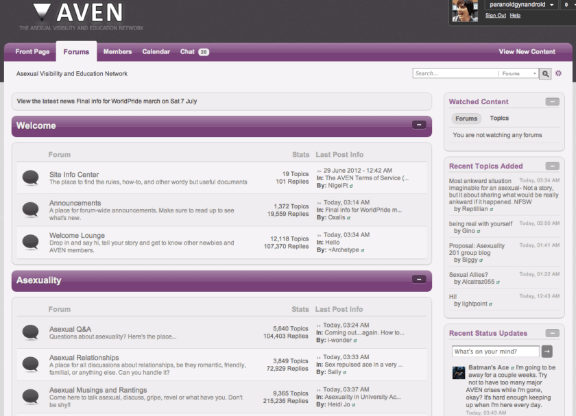 How the AVEN forums looked in July 2012, still lilac but with more dark greys and purple headers.