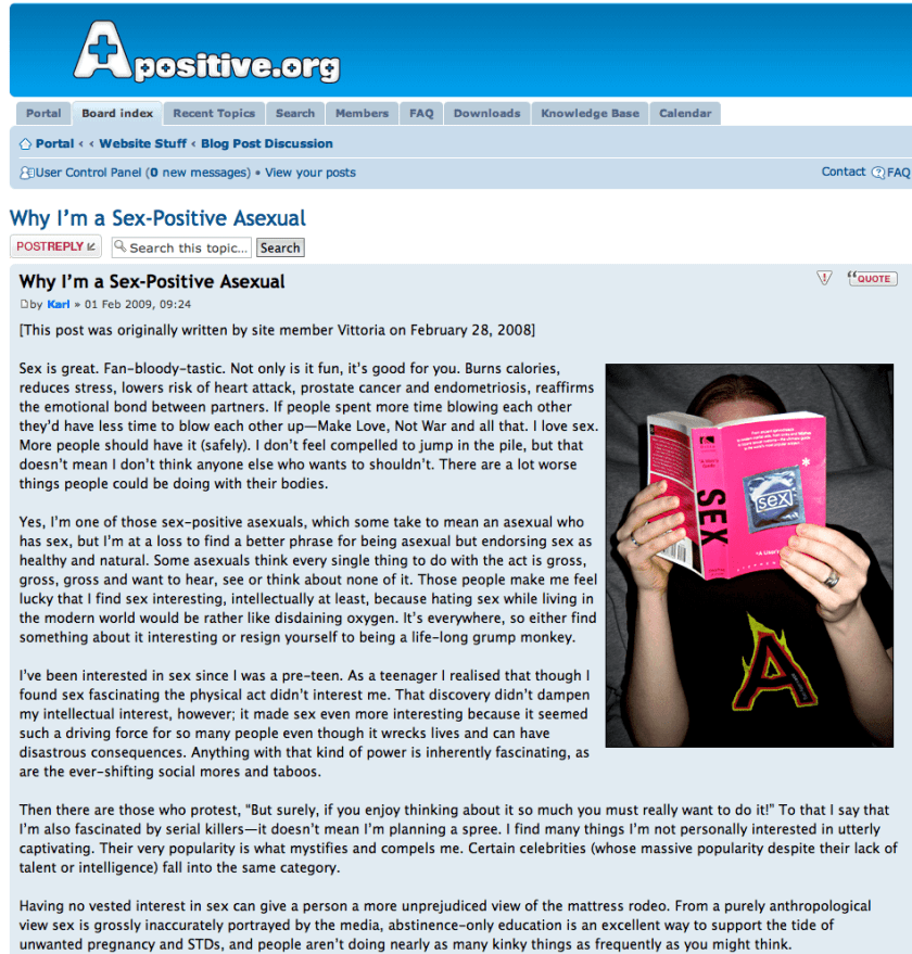 A screenshot of a blue forum with the header 'Apositive.org'. Showing an article about sex positive asexuality incliding lines like 'Sex is great. Fan-bloody-tastic. Not only is it fun, it's good for you. Burns calories, reduces stress, lowers risk of heart attack...'. The article is illustrated by a white person wearing a flaming A t-shirt, their face obscured by a bright pink book they're reading entitled 'SEX'.
