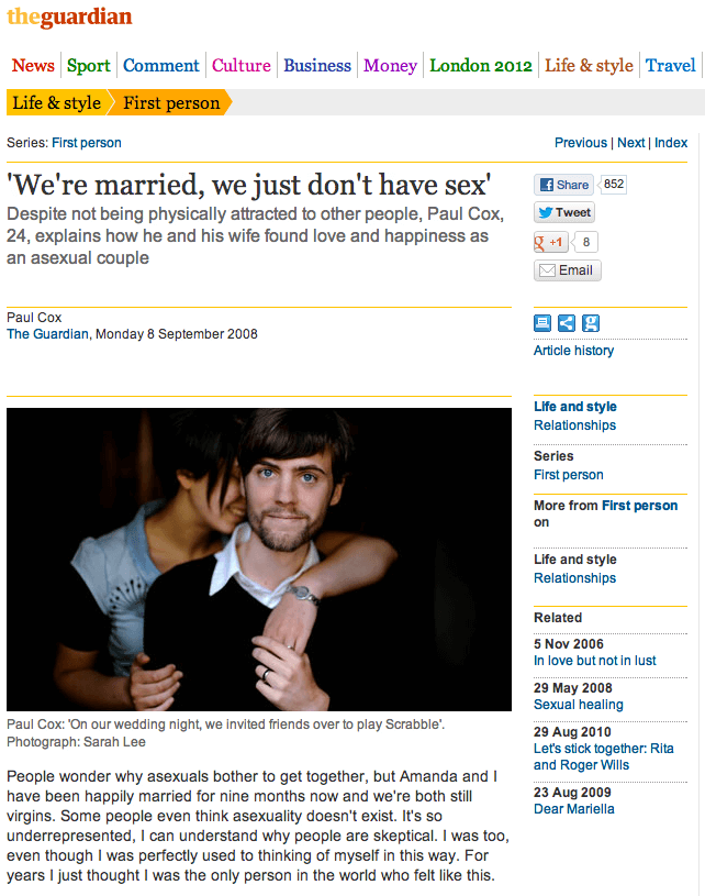 Screenshot from the 2008 Guardian website, 'We're married, we just don't have sex'. 'Despite not being physically attracted to other people, Paul Cox, 24, explains how he and his wife found love and happiness as an asexual couple'.