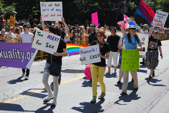 A group of people marching in bright sunlight, holding up hand written signs like 'Too ASEXY for Sex' and 'Asexuals: WE EXIST'